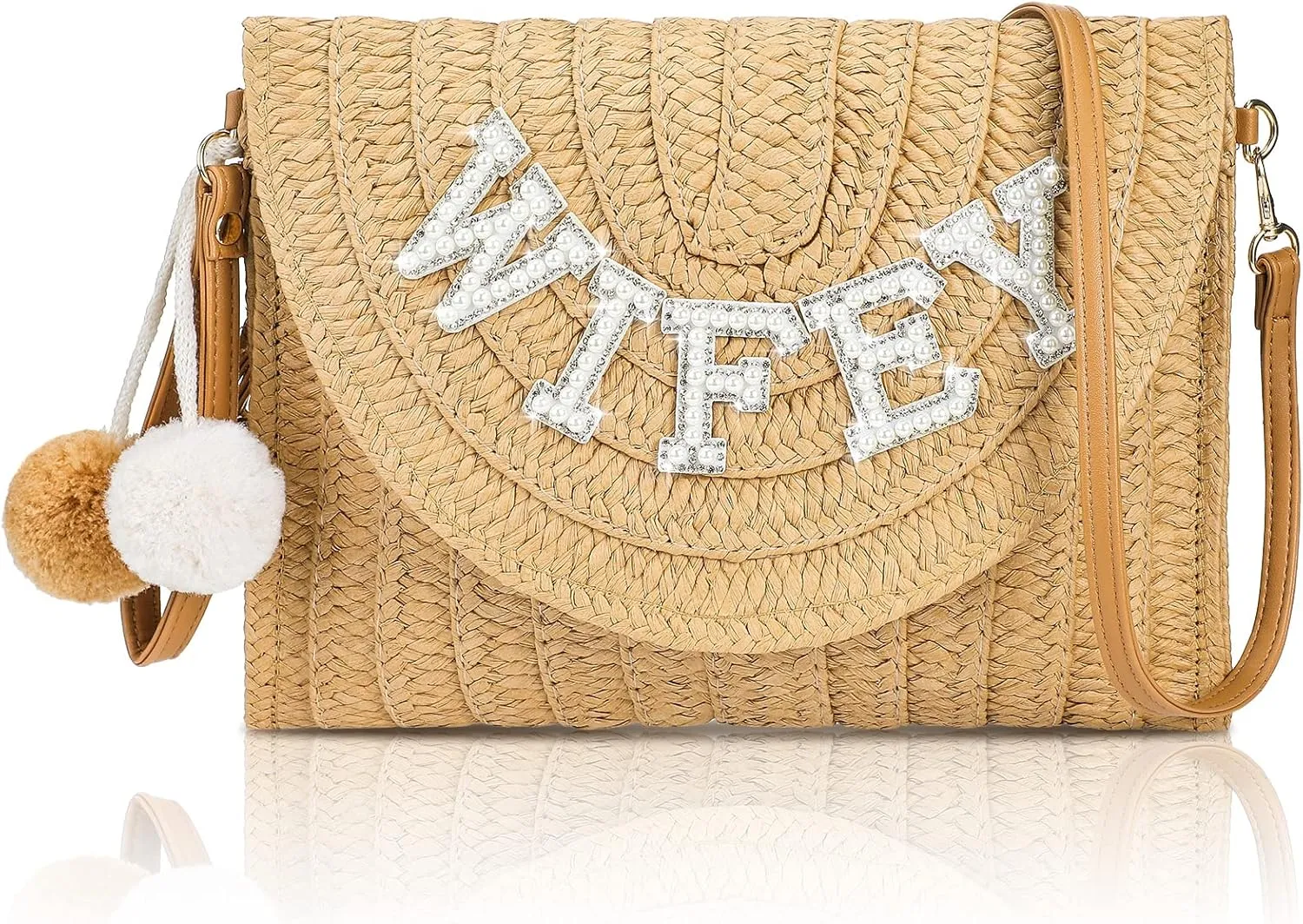 Pinkunn Bride Gift Straw Shoulder Bag Clutch Rhinestone Letter Purse Beach Bachelorette Honeymoon Wedding Bridal Shower