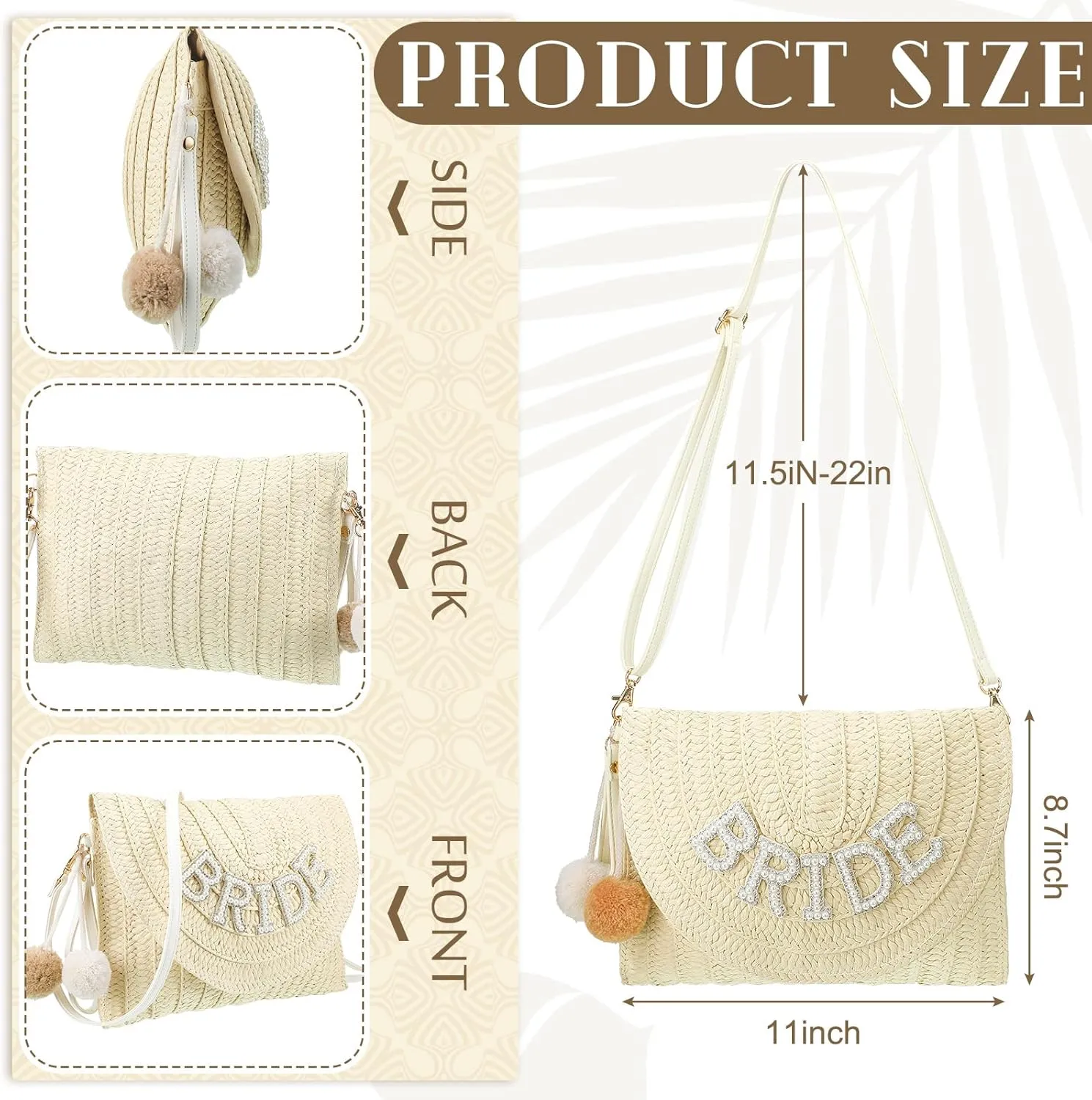 Pinkunn Bride Gift Straw Shoulder Bag Clutch Rhinestone Letter Purse Beach Bachelorette Honeymoon Wedding Bridal Shower