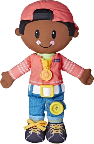 Playskool Dressy Kids Doll with Black Hair and Hat, Activity Plush Toy with Zipper, Shoelace, Button, for Kids Ages 2 and Up (Amazon Exclusive)