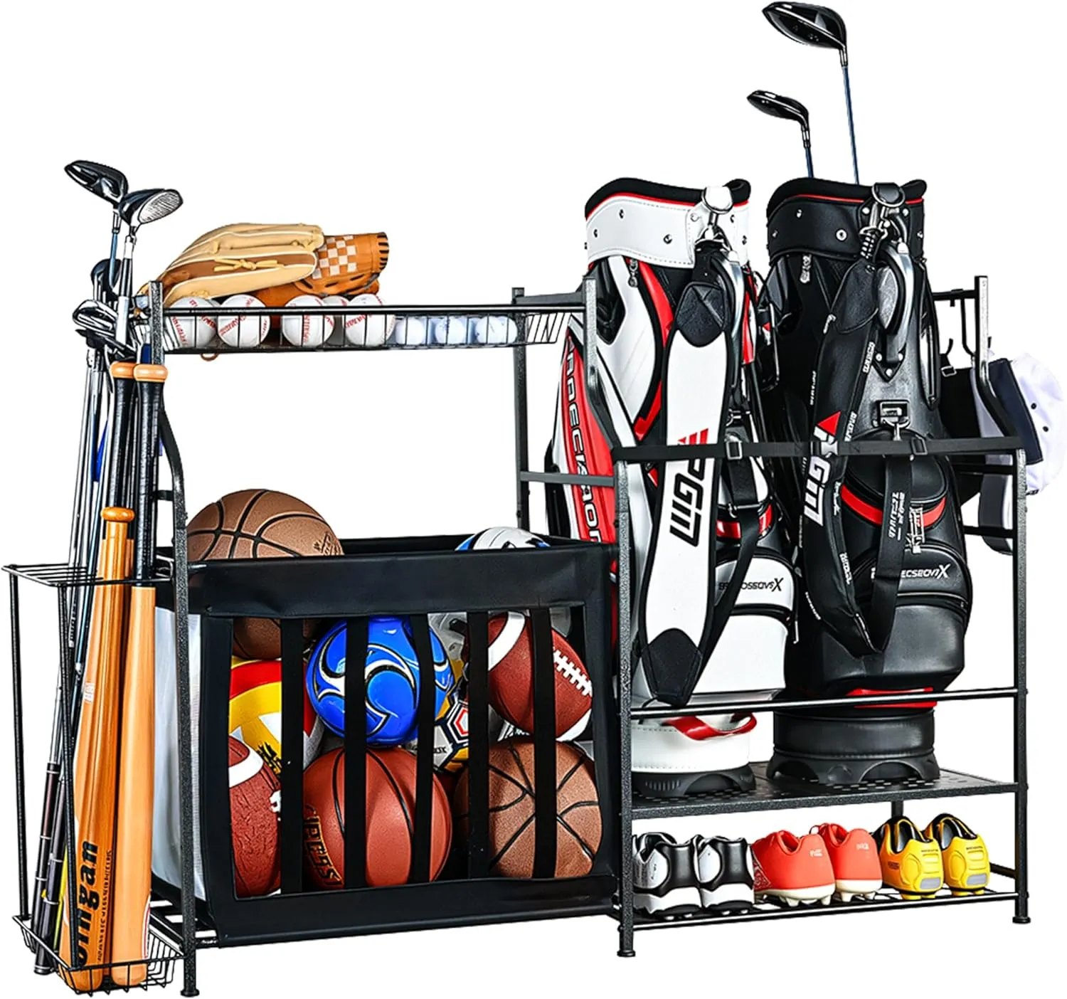 PLKOW Sports Equipment Organizer Garage Storage, Garage Ball Rack, 2 Golf Bag Storage and Sports Gear Organizer for Garage