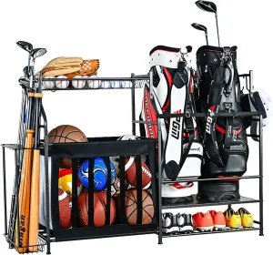 PLKOW Sports Equipment Organizer Garage Storage, Garage Ball Rack, 2 Golf Bag Storage and Sports Gear Organizer for Garage