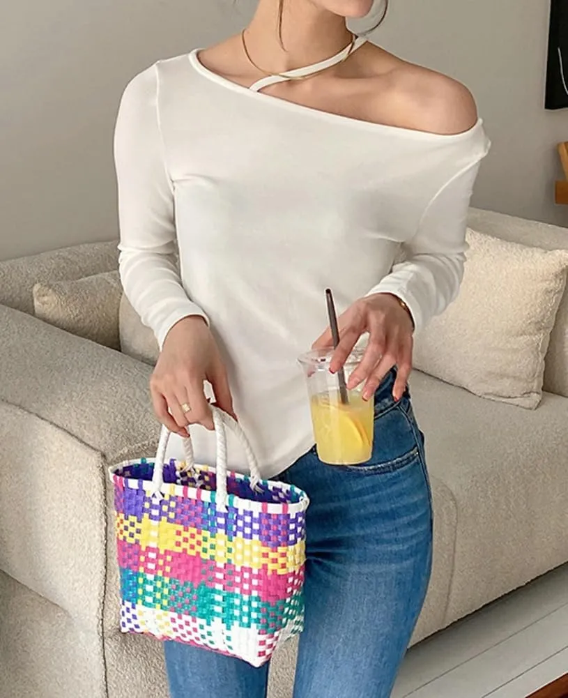 Pocadri Handwoven Tote Bag for Women Straw Purse PVC Summer Beach Bag Rattan Woven Cute Shopping Handbag Color Block