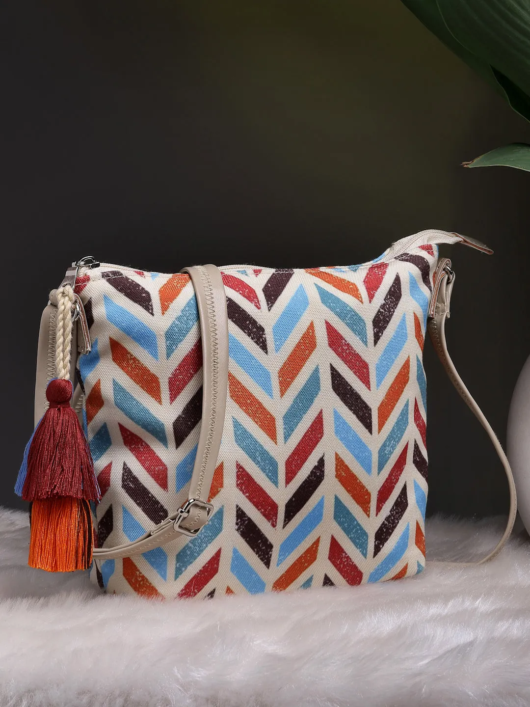 Polyester & Leatherette Digital Print Floral Sling Bag