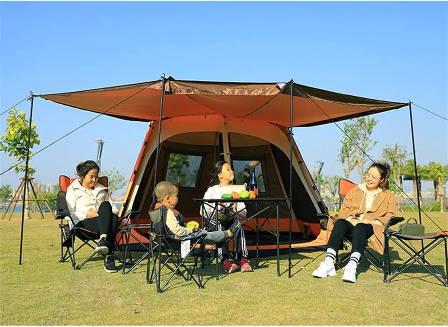 Pop Up Family Camping Tent,3-4 Person Beach Tent Sun Shelter for Family with Sun Protection,Large Windows Vestibule Windproof Beach Instant Tent for Kids, Backyard,Indoor and Outdoor (Brown Small)