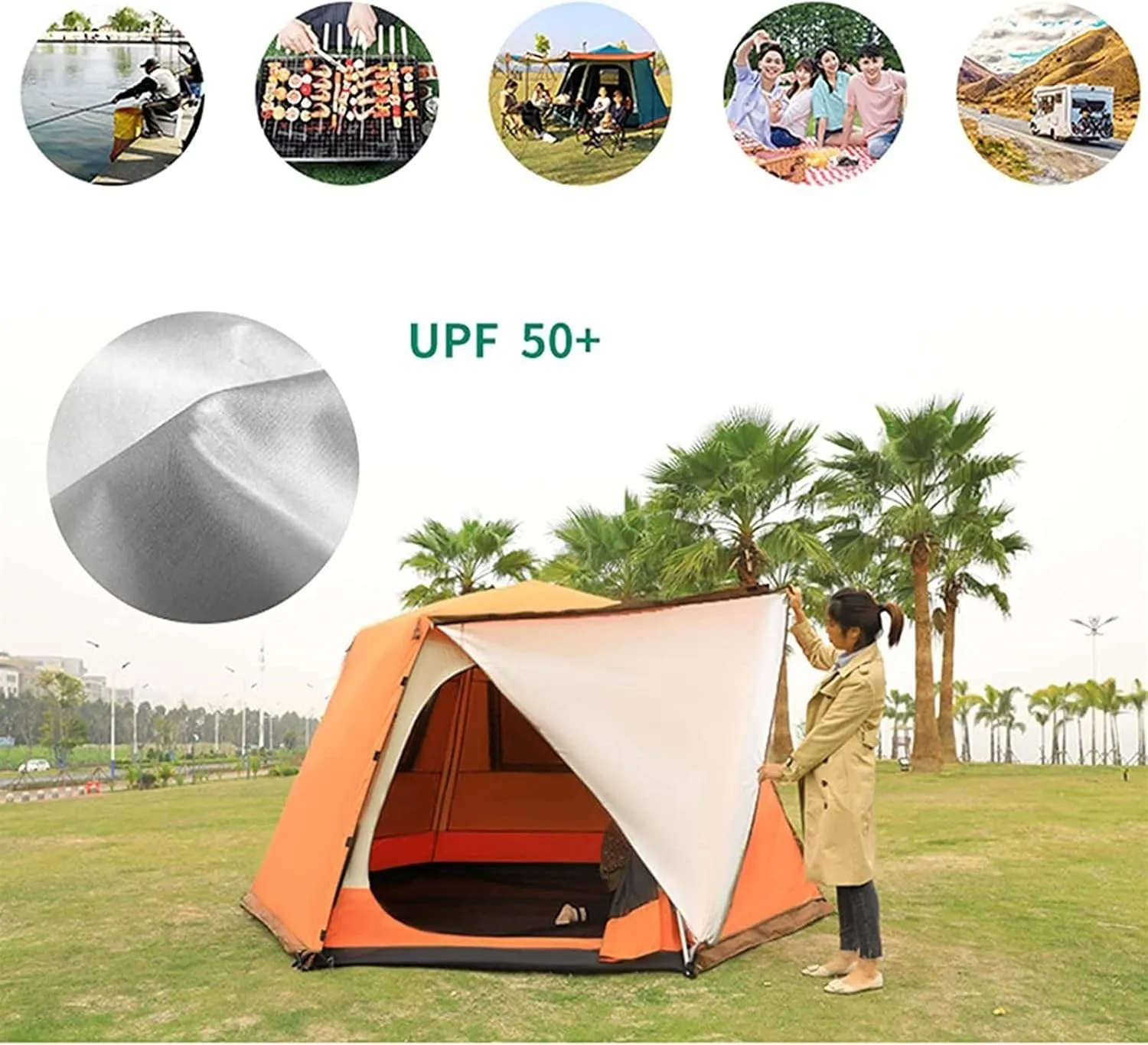 Pop Up Family Camping Tent,3-4 Person Beach Tent Sun Shelter for Family with Sun Protection,Large Windows Vestibule Windproof Beach Instant Tent for Kids, Backyard,Indoor and Outdoor (Brown Small)