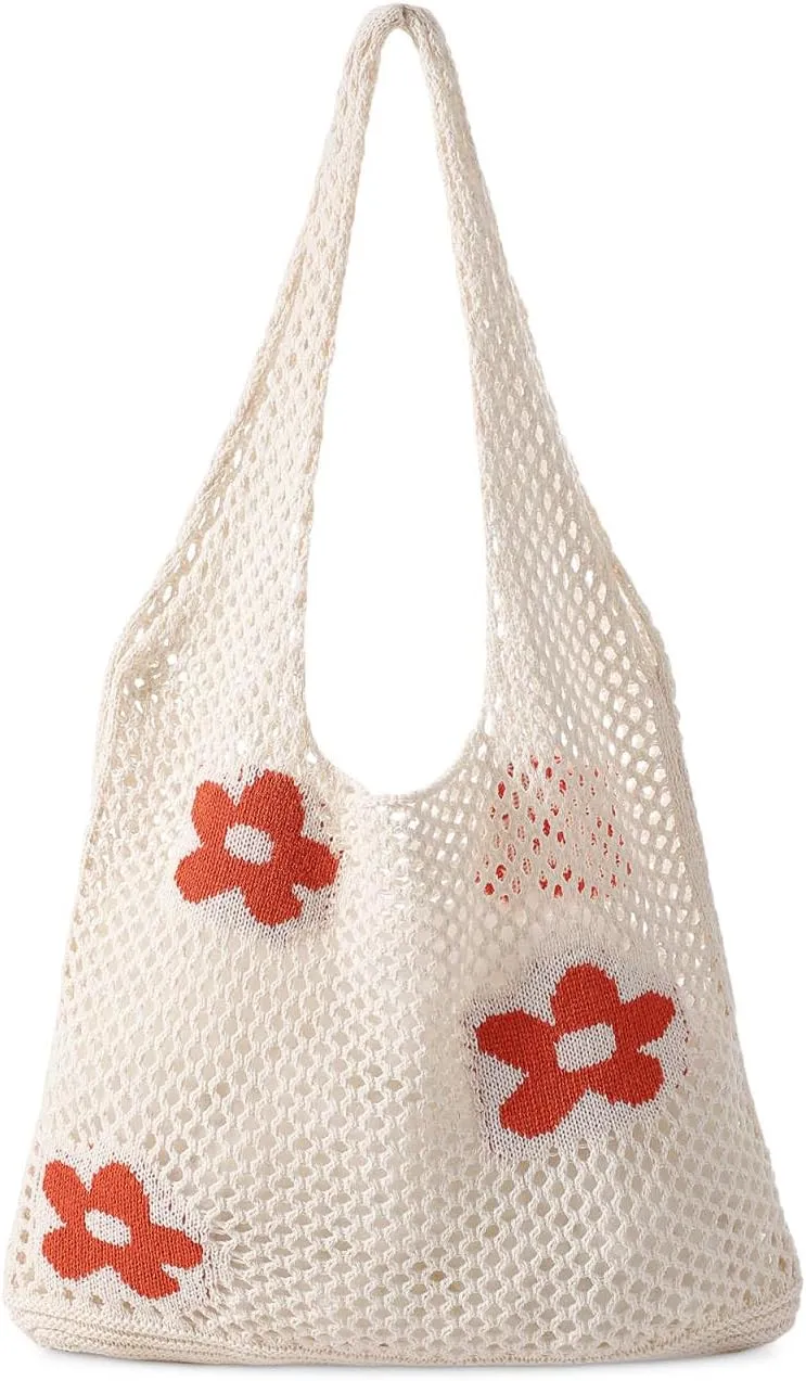 Premillow Beach Bags For Women, Stylish Beach Tote Summer Vacation Large Crochet Mesh Vintage Beach Tote Bag Aesthetic Boho Bag for Girls