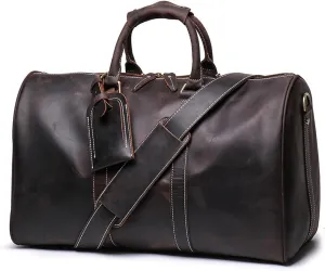 Premium Genuine Leather Travel Bag, Vintage-Style 17.7-inch Carry-On Duffel for Men and Women - Large Capacity and Durable Design, Brown, Black or Coffee (Coffee)