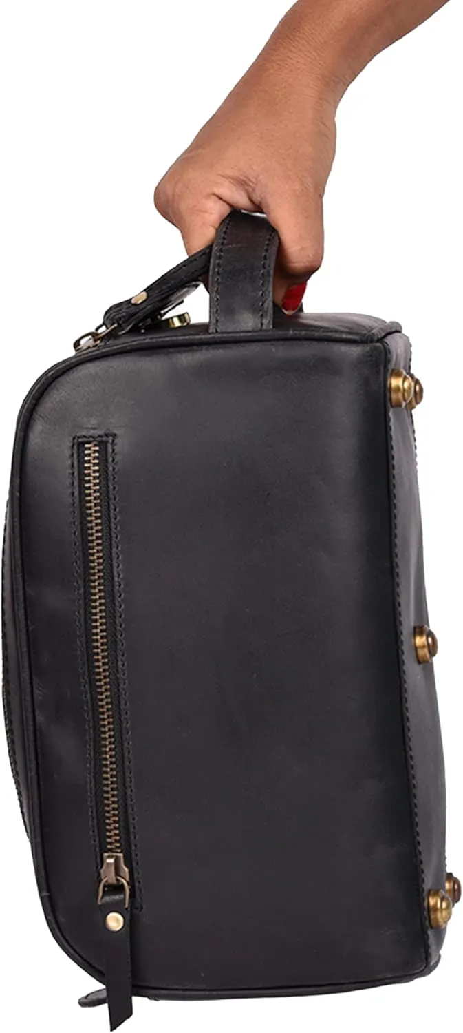 Premium Leather King Size Toiletry Travel Pouch – Handcrafted Dopp Kit Bag with Waterproof Lining, Spacious Design for Travel Essentials, Elegant Black Finish