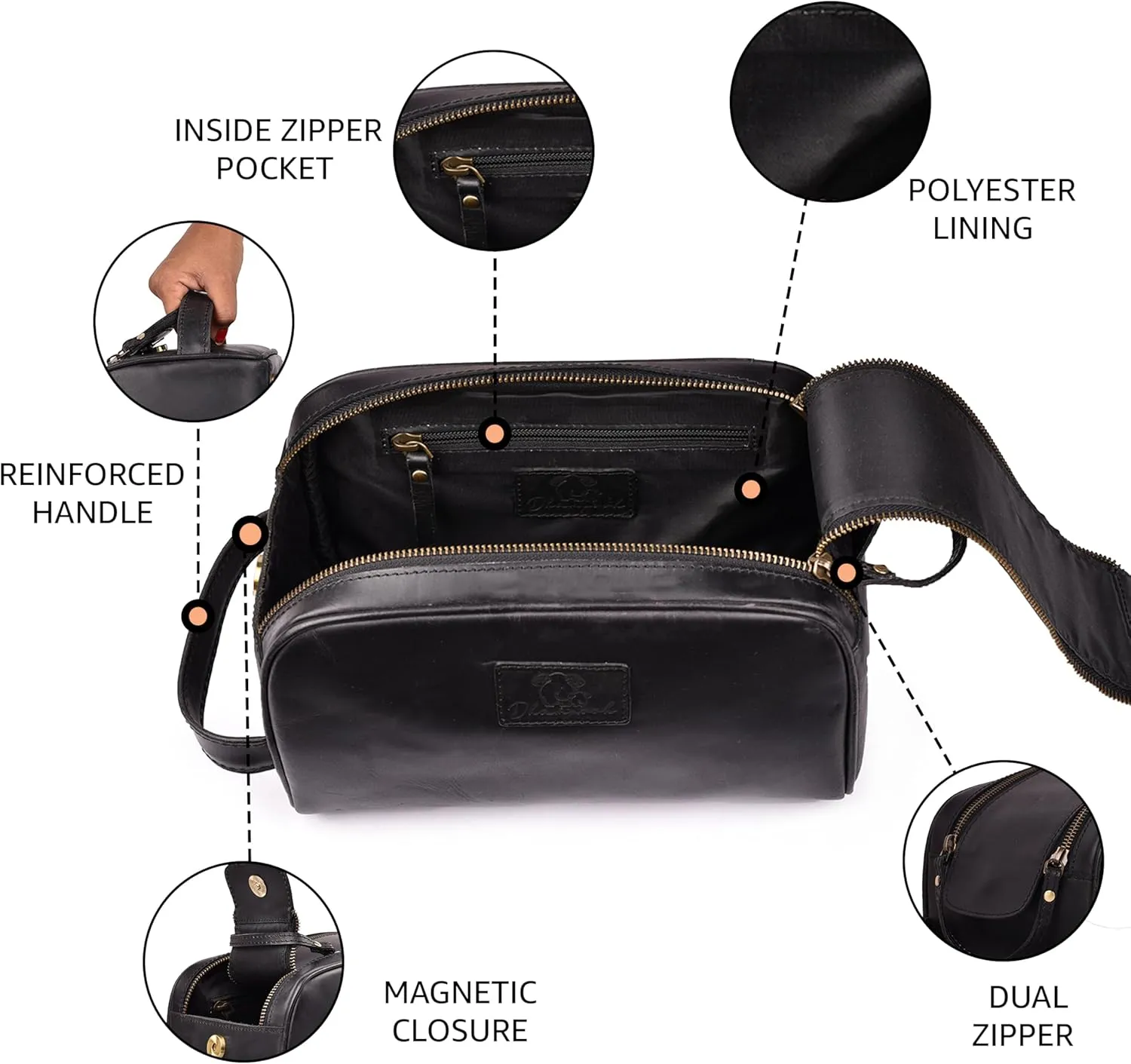 Premium Leather King Size Toiletry Travel Pouch – Handcrafted Dopp Kit Bag with Waterproof Lining, Spacious Design for Travel Essentials, Elegant Black Finish