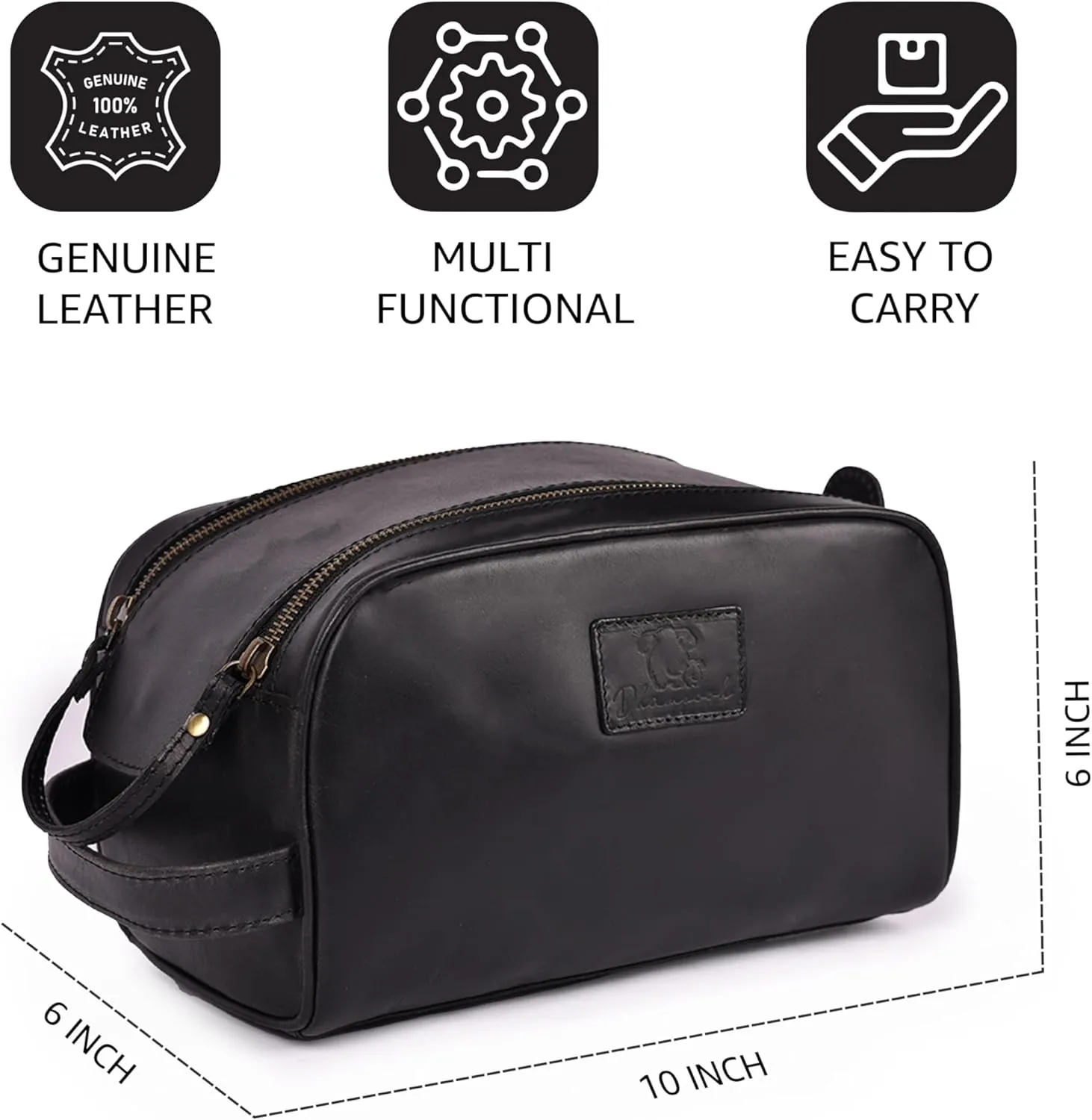 Premium Leather King Size Toiletry Travel Pouch – Handcrafted Dopp Kit Bag with Waterproof Lining, Spacious Design for Travel Essentials, Elegant Black Finish