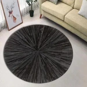 Premium Round Leather Area Rug, Handmade Stripes Patterned Circle Carpet, Luxury Non Slip Floor Accent for Dining Room, Living Room Rug, Entryway Elegant Accent, Color: Black, Size: 8x8 ft
