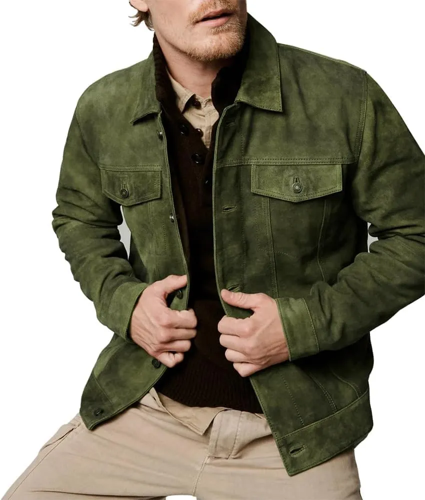Premium Vintage Trucker Suede Leather Jacket Men Genuine Lambskin Men Leather Jackets Shirt Collar Jackets For Mens