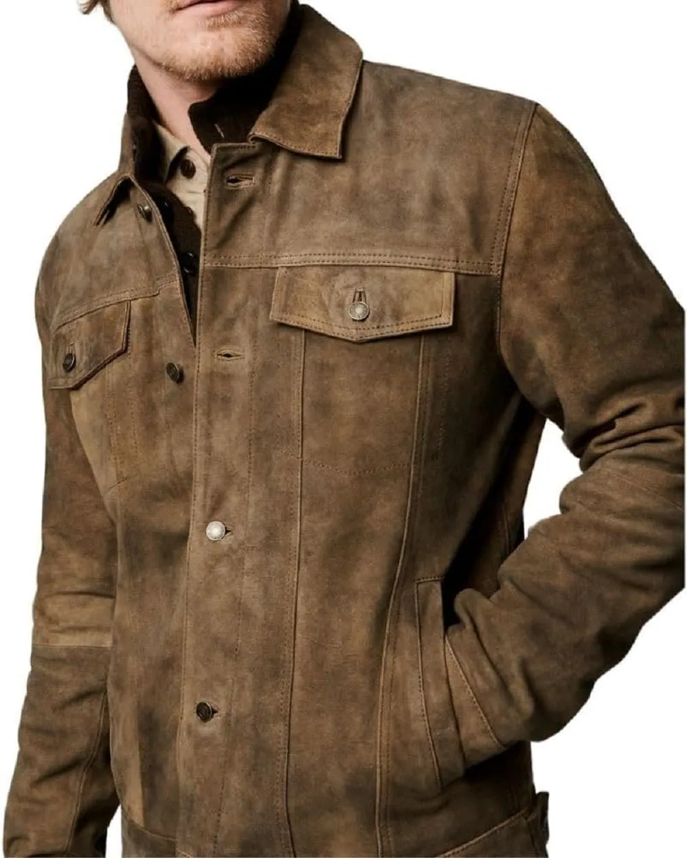 Premium Vintage Trucker Suede Leather Jacket Men Genuine Lambskin Men Leather Jackets Shirt Collar Jackets For Mens
