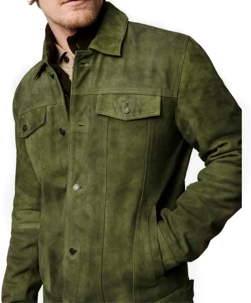Premium Vintage Trucker Suede Leather Jacket Men Genuine Lambskin Men Leather Jackets Shirt Collar Jackets For Mens
