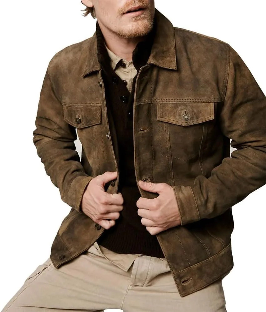 Premium Vintage Trucker Suede Leather Jacket Men Genuine Lambskin Men Leather Jackets Shirt Collar Jackets For Mens