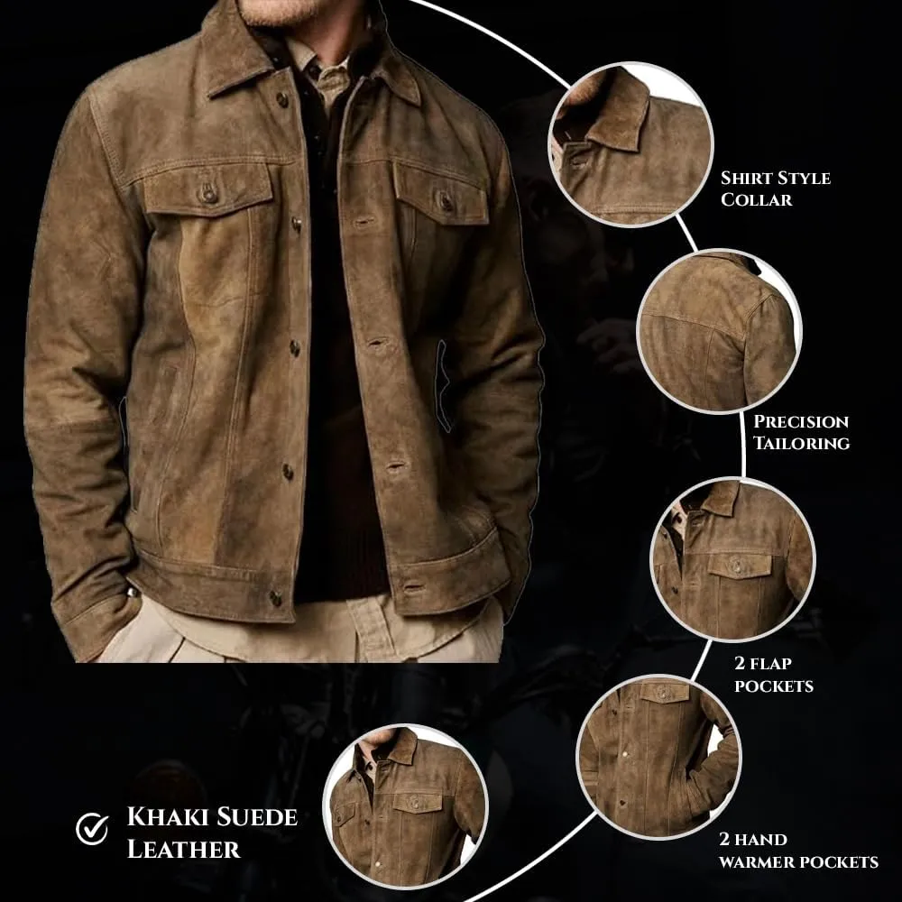 Premium Vintage Trucker Suede Leather Jacket Men Genuine Lambskin Men Leather Jackets Shirt Collar Jackets For Mens