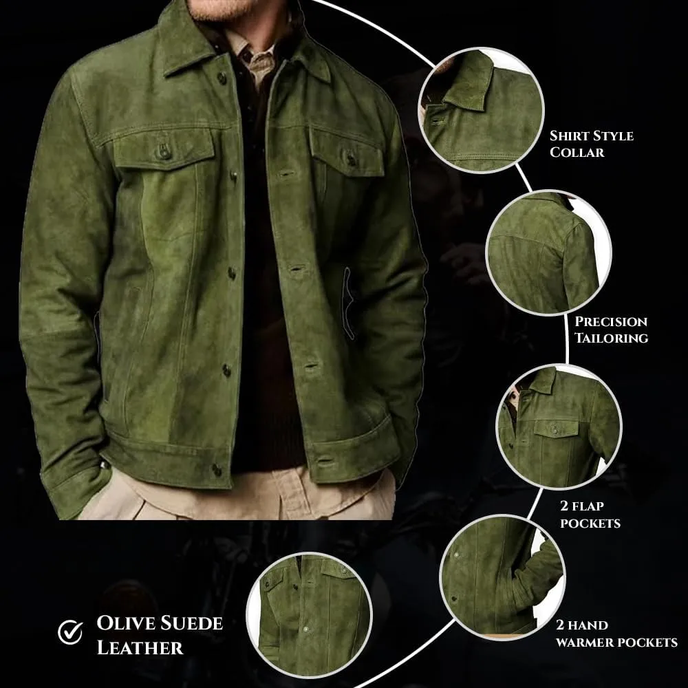 Premium Vintage Trucker Suede Leather Jacket Men Genuine Lambskin Men Leather Jackets Shirt Collar Jackets For Mens