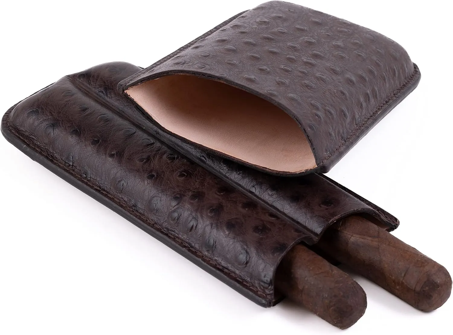 Prestige Import Group - 2 Cigar Holder PVC Leather Ostrich Style Travel Case - Brown