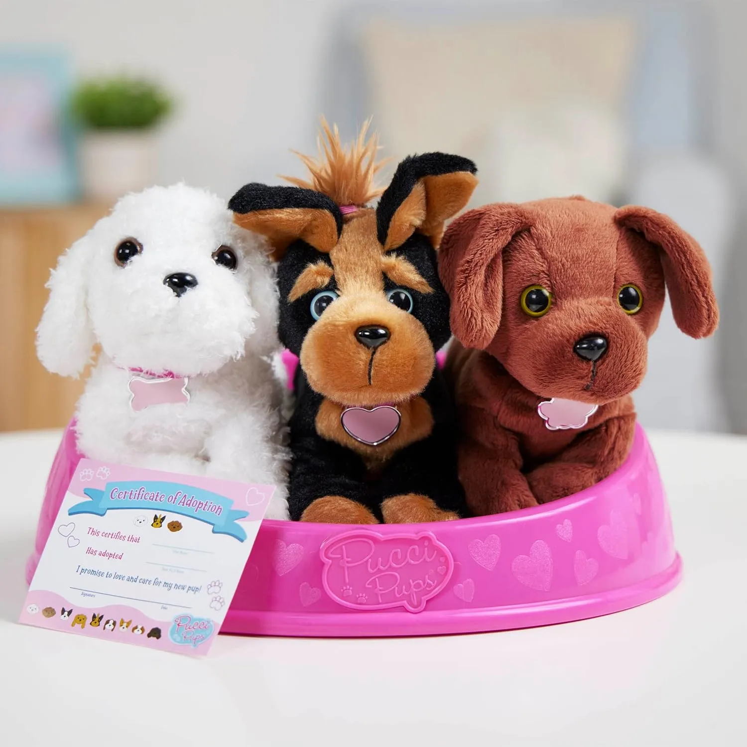 Pucci Pups – Adopt-a-Pup - Pug, Maltese, Schnauzer – Plush Toy Dogs with Dog Bed – Plush Dog for Kids Aged 2 and Up
