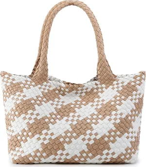 Queenoris Woven Bag for Women, Fashion Top Handle Shoulder Bag Vegan Leather Shopper Bag Large Travel Tote Bag