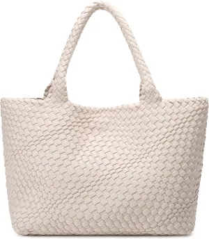 Queenoris Woven Bag for Women, Fashion Top Handle Shoulder Bag Vegan Leather Shopper Bag Large Travel Tote Bag