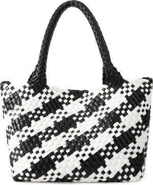 Queenoris Woven Bag for Women, Fashion Top Handle Shoulder Bag Vegan Leather Shopper Bag Large Travel Tote Bag