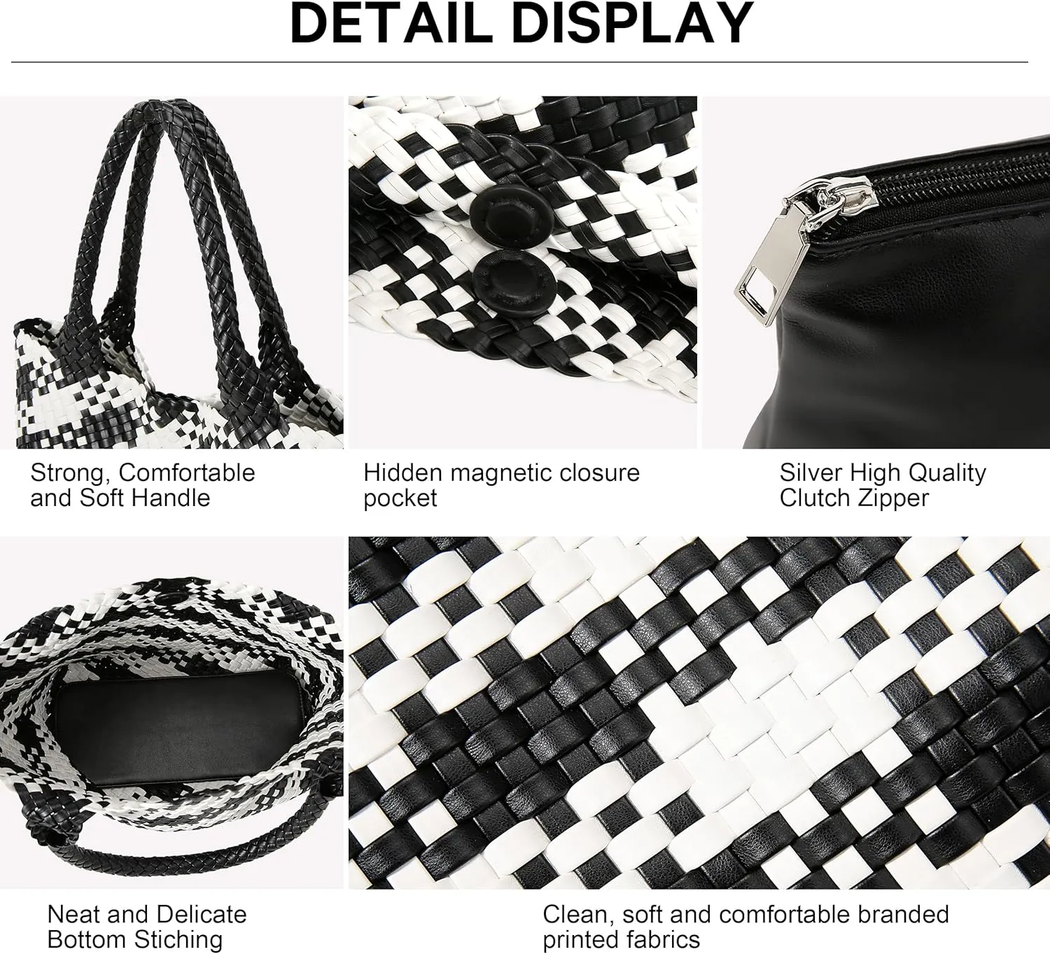 Queenoris Woven Bag for Women, Fashion Top Handle Shoulder Bag Vegan Leather Shopper Bag Large Travel Tote Bag
