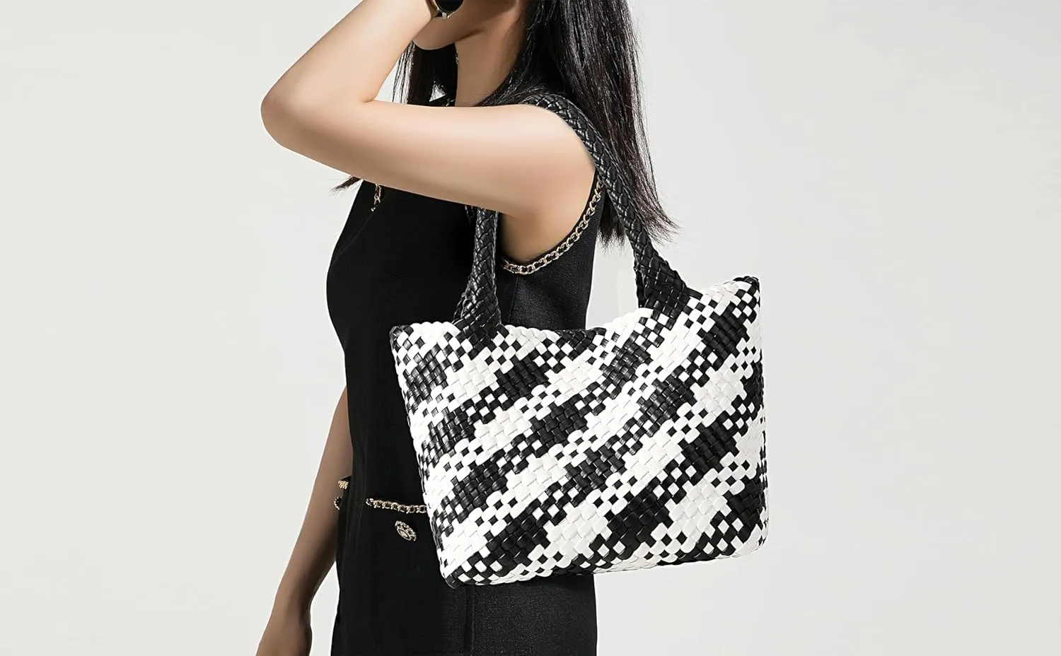 Queenoris Woven Bag for Women, Fashion Top Handle Shoulder Bag Vegan Leather Shopper Bag Large Travel Tote Bag
