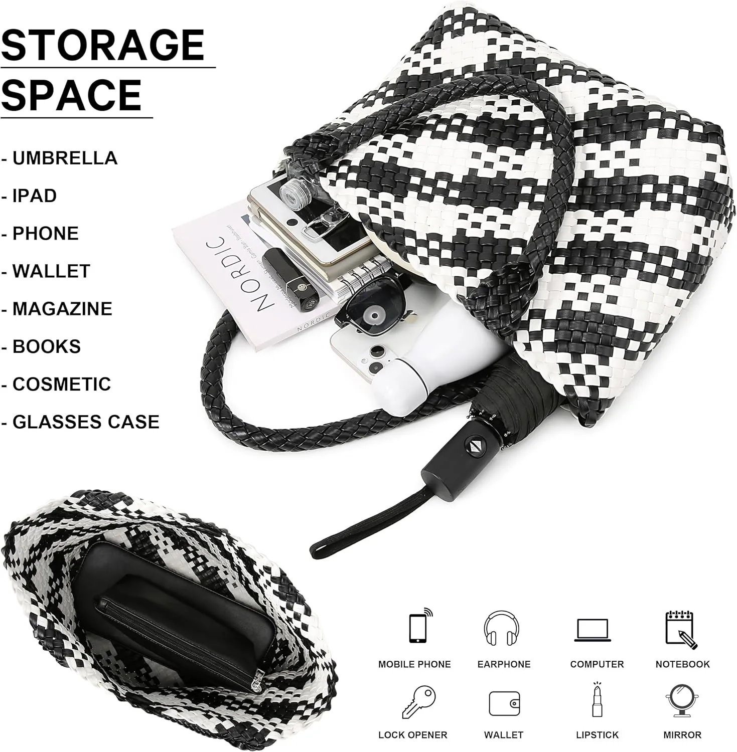 Queenoris Woven Bag for Women, Fashion Top Handle Shoulder Bag Vegan Leather Shopper Bag Large Travel Tote Bag