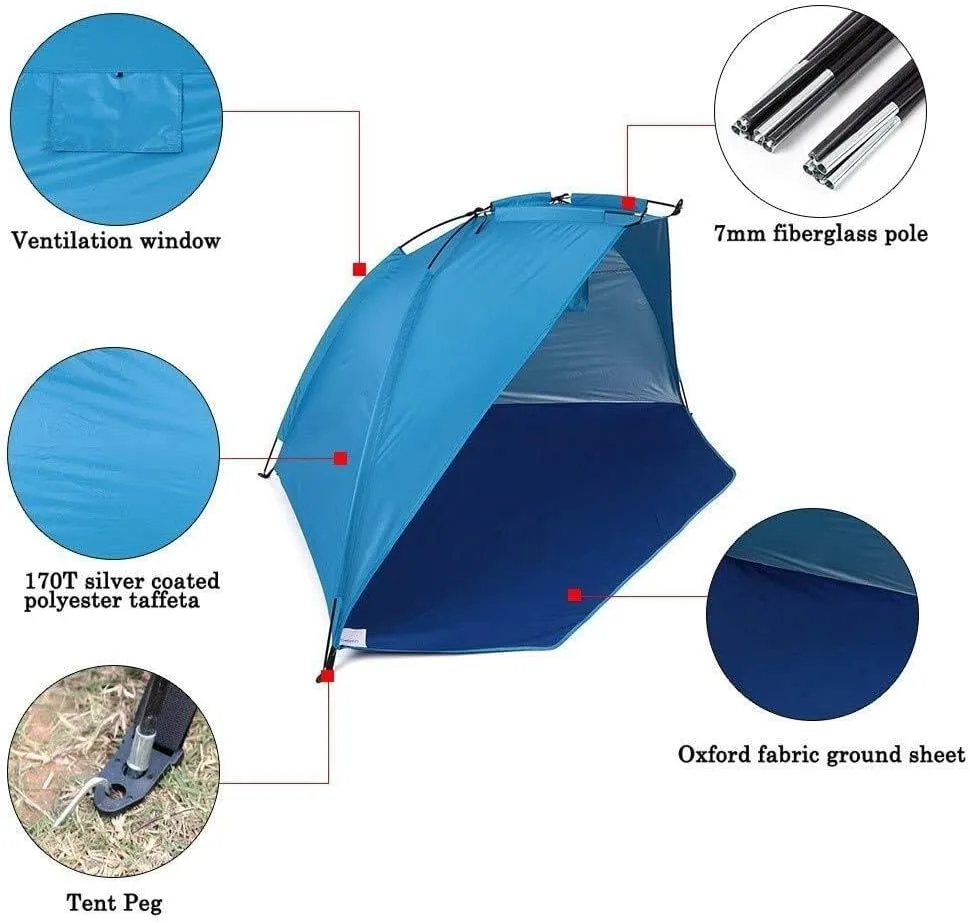 Quick Opening Camping Tent - Ultralight Beach Awning Sun Shelter, Half-Open Waterproof Design,