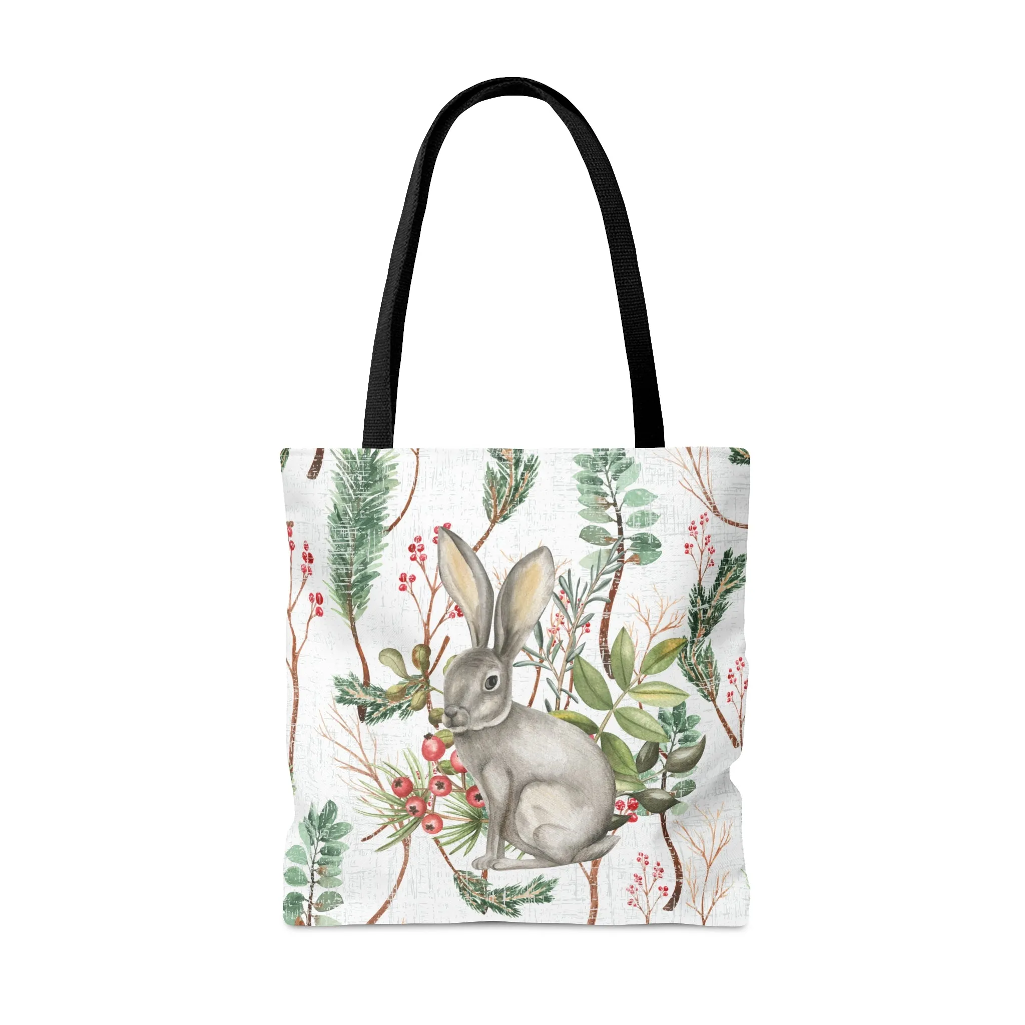 Rabbit on White Botanical Large Tote Bag: Nature-Inspired Bunny Design