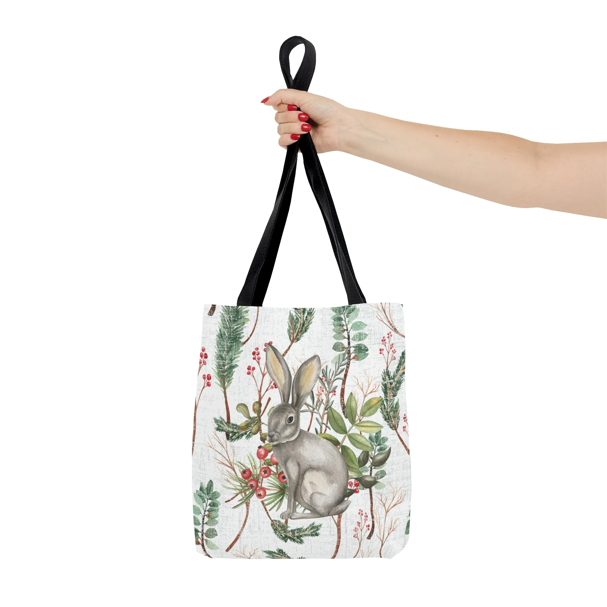 Rabbit on White Botanical Large Tote Bag: Nature-Inspired Bunny Design