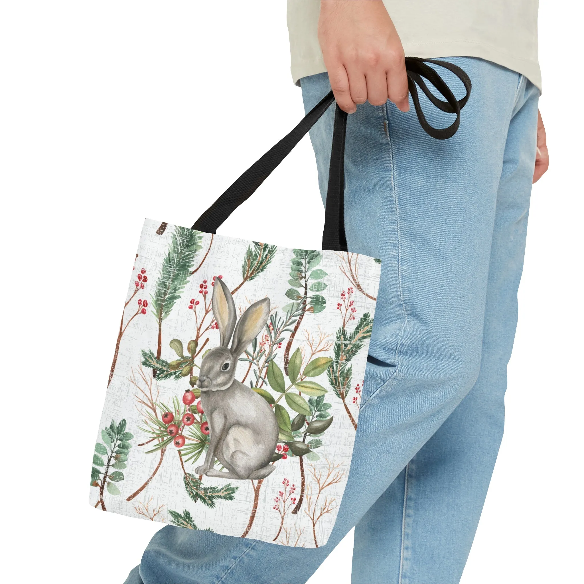 Rabbit on White Botanical Large Tote Bag: Nature-Inspired Bunny Design