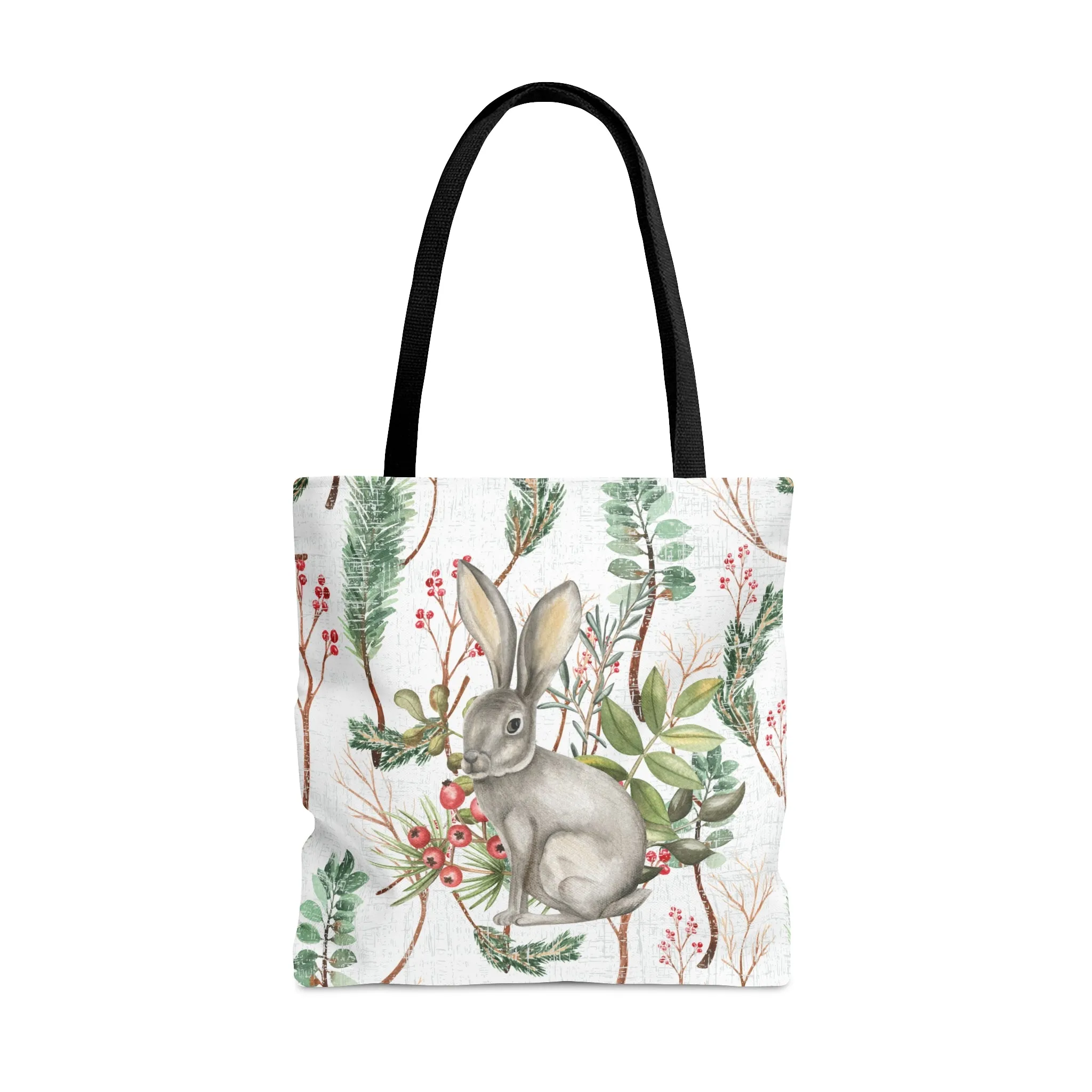 Rabbit on White Botanical Large Tote Bag: Nature-Inspired Bunny Design