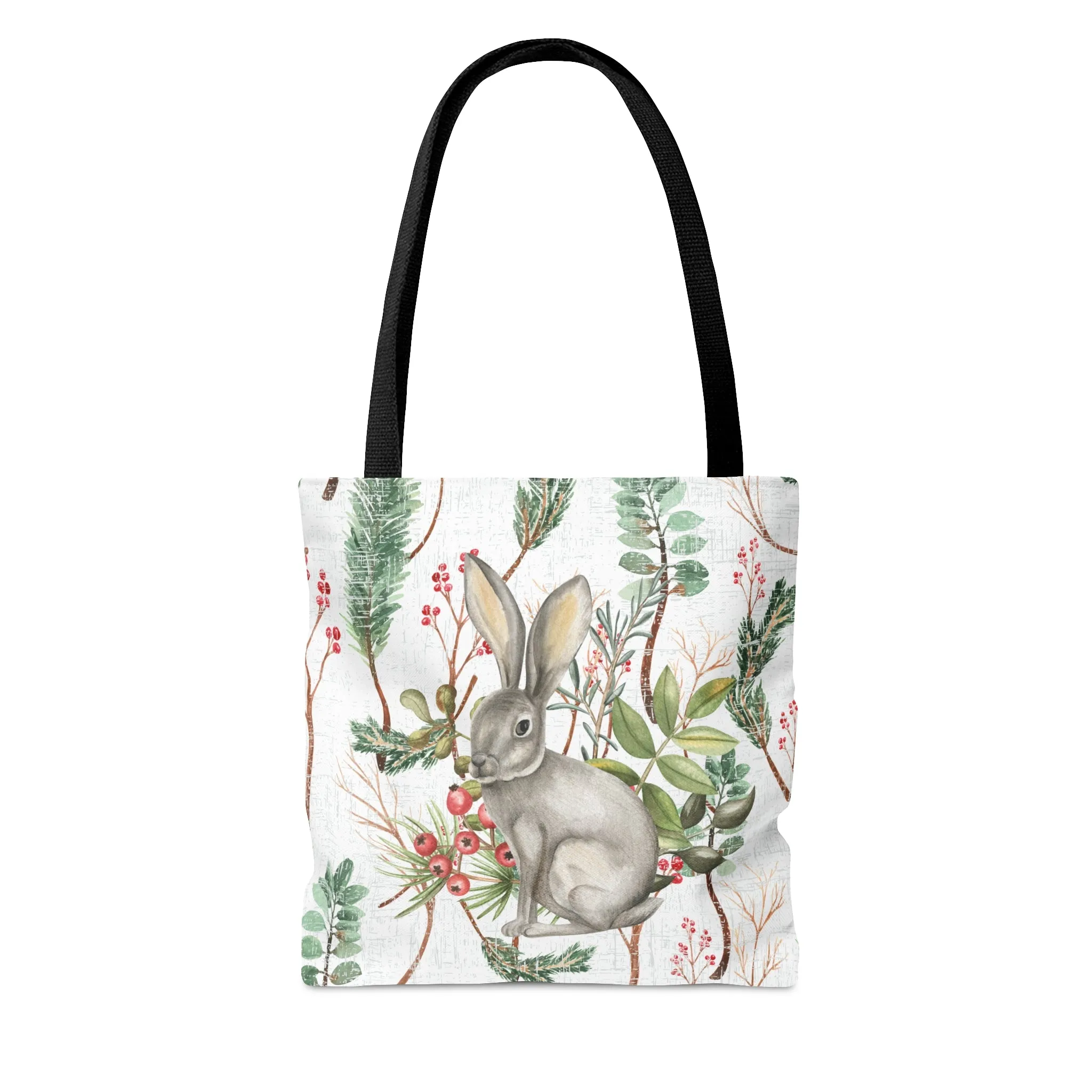 Rabbit on White Botanical Large Tote Bag: Nature-Inspired Bunny Design