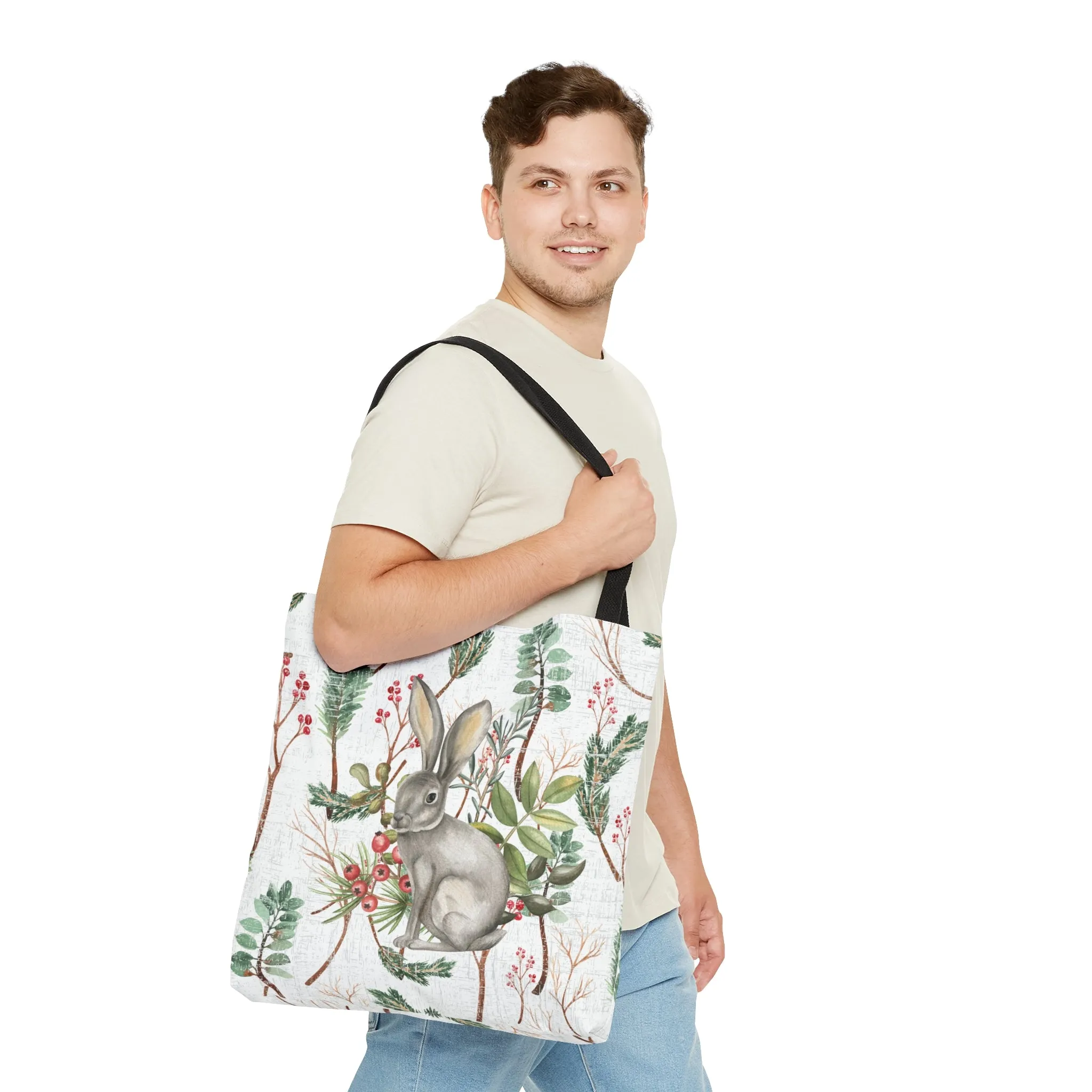 Rabbit on White Botanical Large Tote Bag: Nature-Inspired Bunny Design