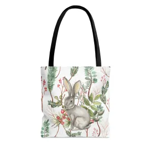 Rabbit on White Botanical Large Tote Bag: Nature-Inspired Bunny Design