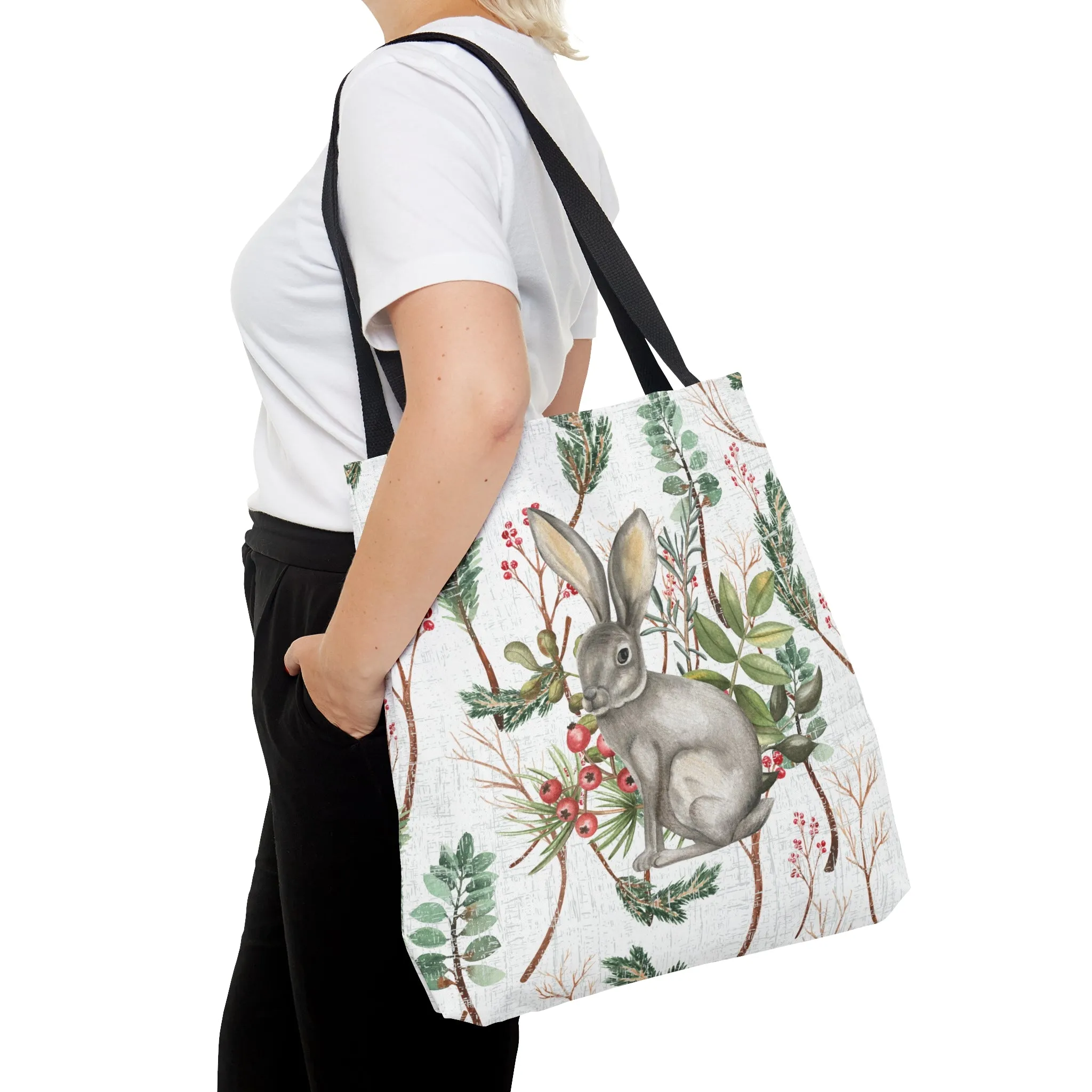 Rabbit on White Botanical Large Tote Bag: Nature-Inspired Bunny Design