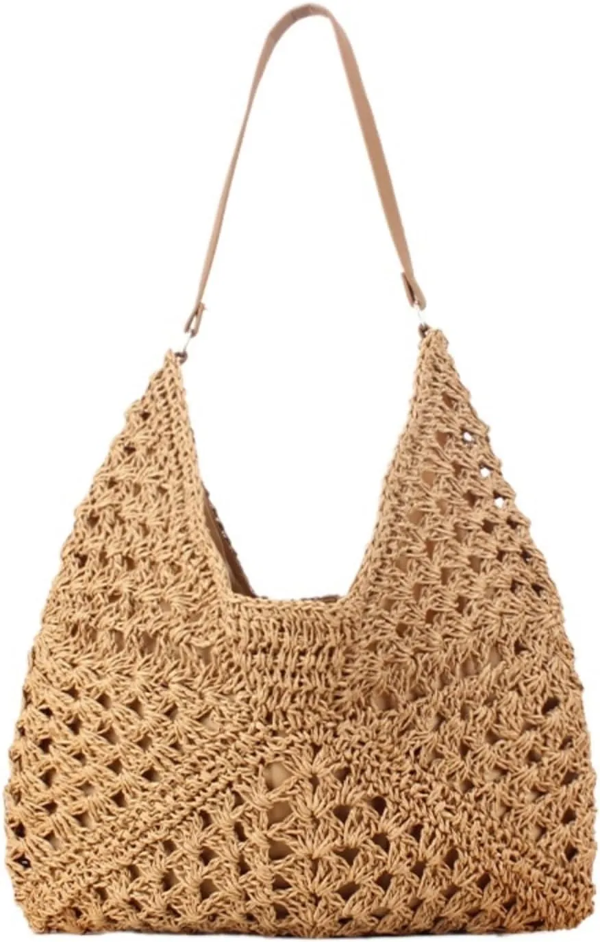 Raffia Knitted Handbags for Women Handmade Casual Beach Shoulder Bag Classic Fashion Woven Tote Bag