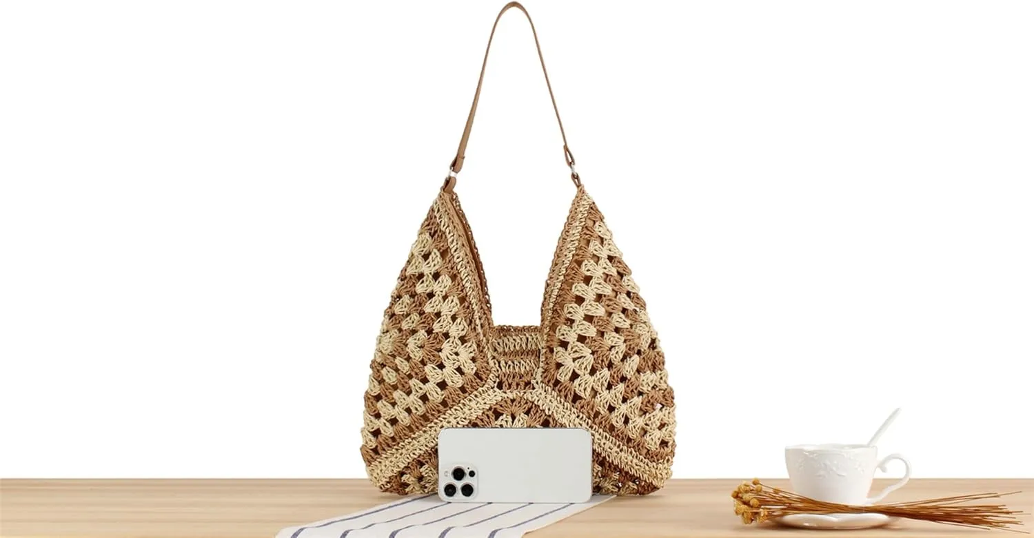 Raffia Knitted Handbags for Women Handmade Casual Beach Shoulder Bag Classic Fashion Woven Tote Bag