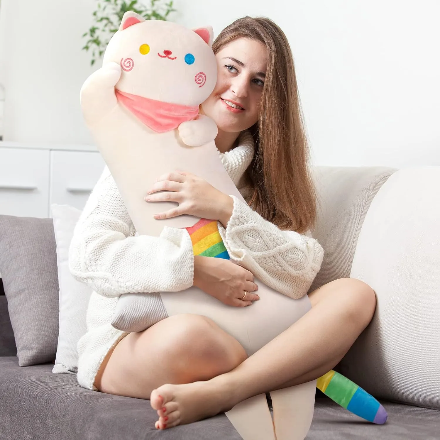 Rainbow Long Cat Plush Pillow, 25" Cute Kitten Stuffed Animal, Kawaii Cuddle Body Pillow Gift for Girlfriend Women Girls, Soft Hugging Plush Toy for Bed, Sofa or Room Decor