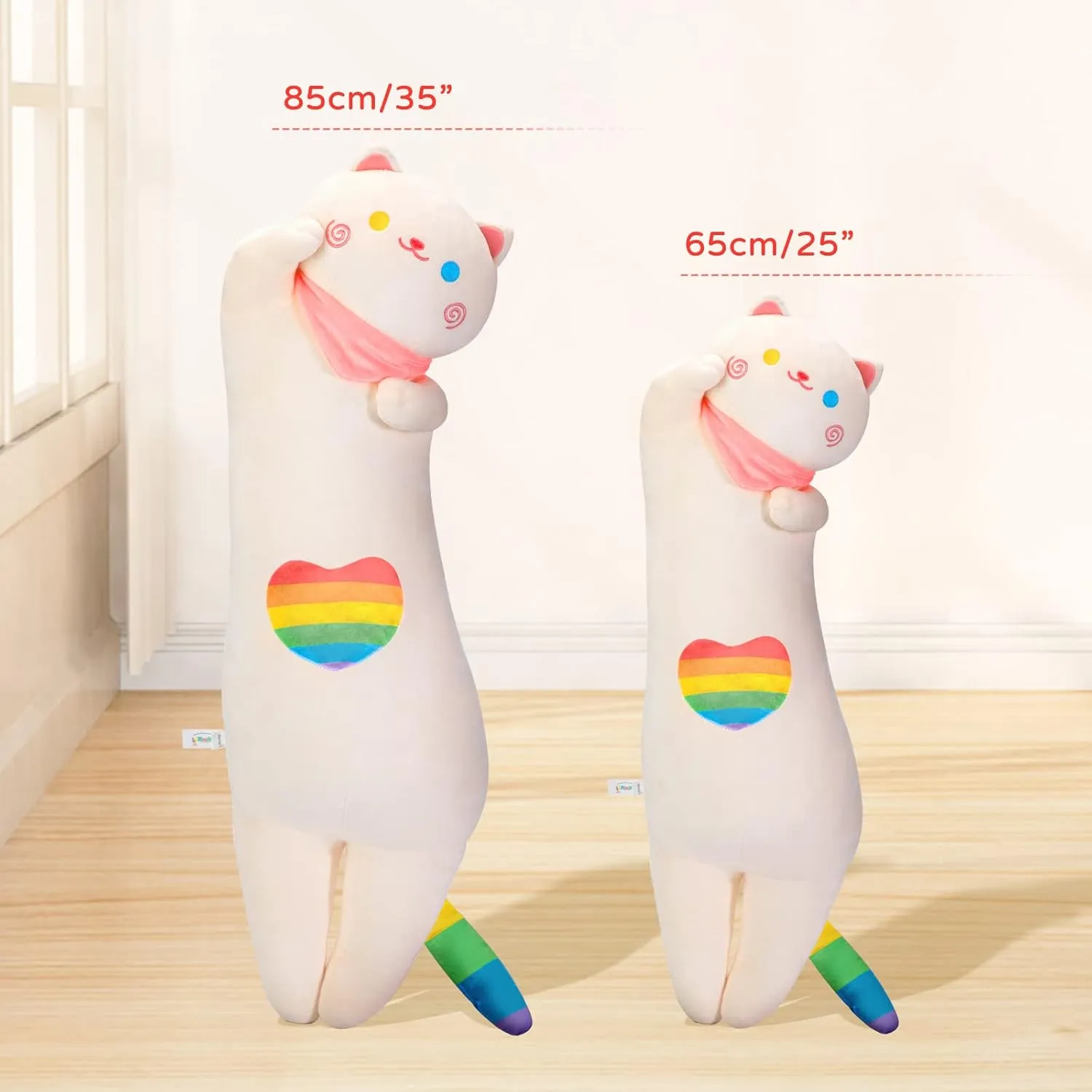 Rainbow Long Cat Plush Pillow, 25" Cute Kitten Stuffed Animal, Kawaii Cuddle Body Pillow Gift for Girlfriend Women Girls, Soft Hugging Plush Toy for Bed, Sofa or Room Decor