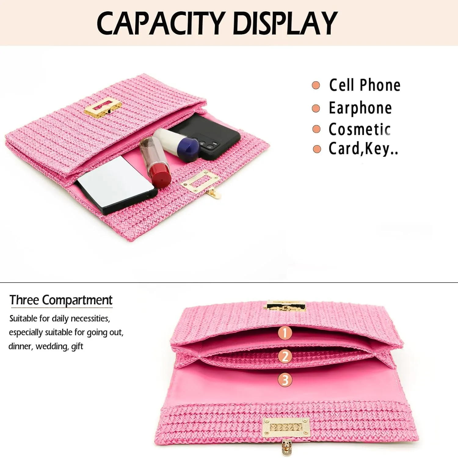 Rattan Clutch Purse for Women,Summer Straw Woven Beach Woven Bag Wicker Raffia Envelope Evening Clutch for Wedding