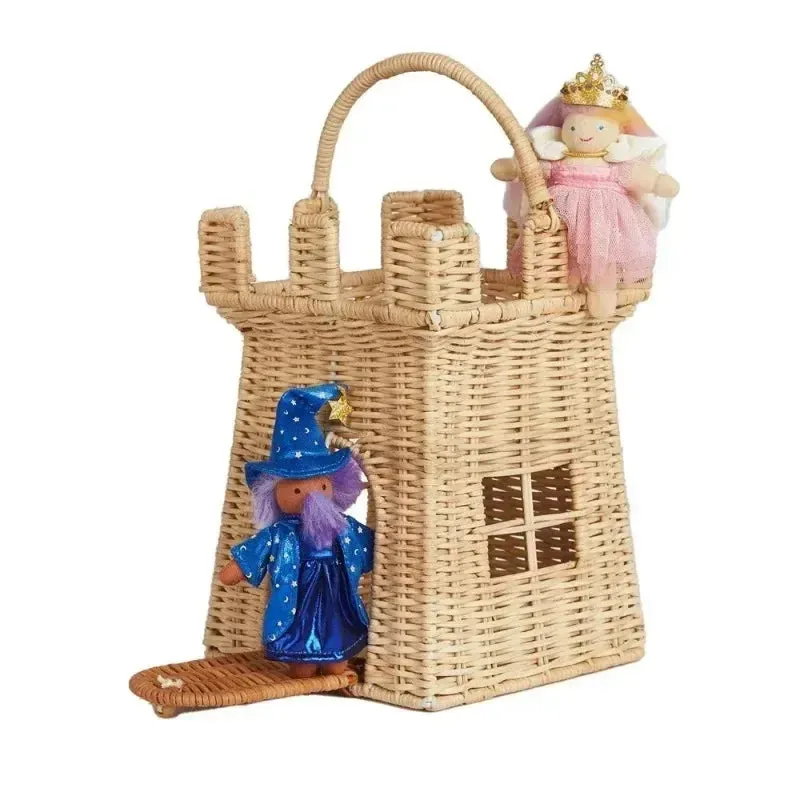 Rattan Woven Castle Basket Cute Hand Woven Storage Basket Travel Vacation Outdoor Picnic Straw Bag Kids Toys Sundries Organizer