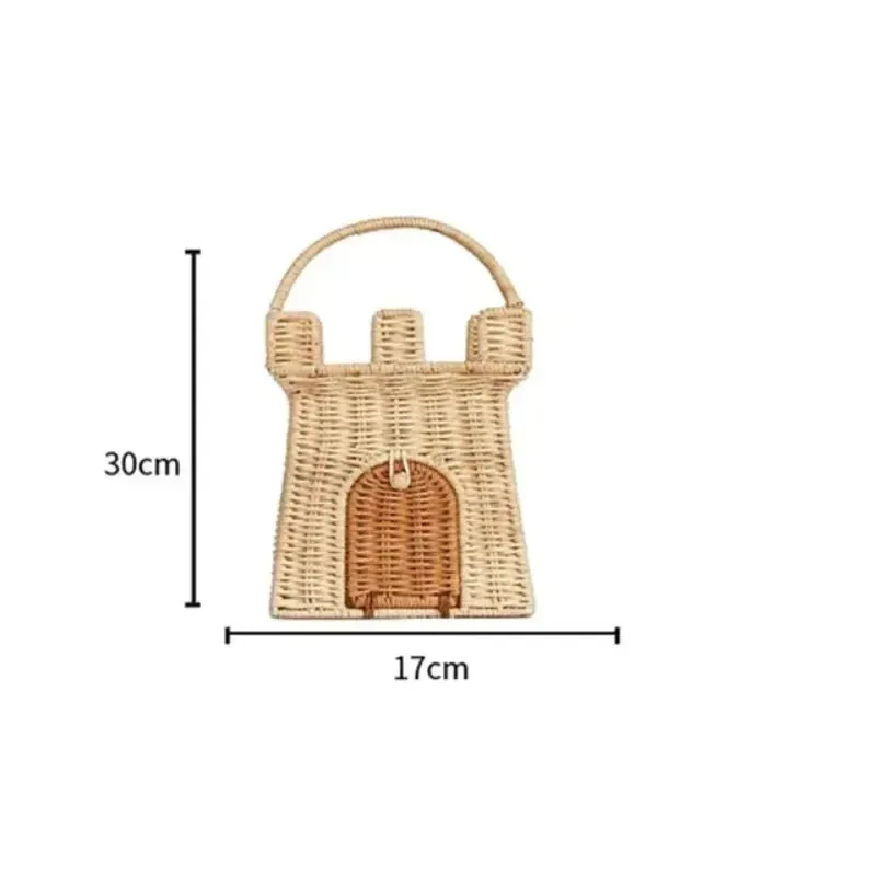 Rattan Woven Castle Basket Cute Hand Woven Storage Basket Travel Vacation Outdoor Picnic Straw Bag Kids Toys Sundries Organizer