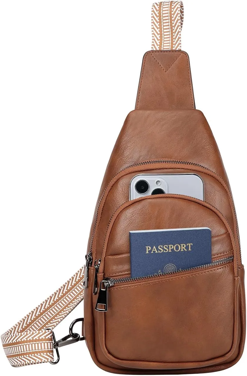 RAVUO Sling Bag for Women, Faux Leather Waist Pack Fashion Ladies Crossbody Chest Belt Bag with Adjustable Strap for Travel Brown