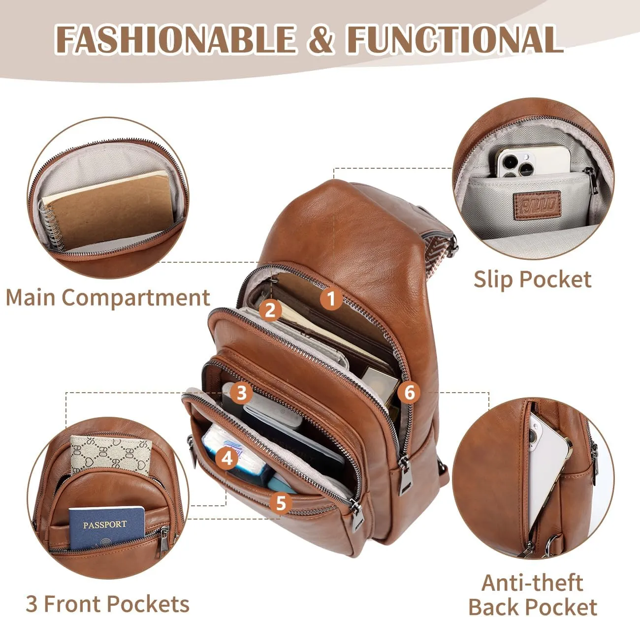 RAVUO Sling Bag for Women, Faux Leather Waist Pack Fashion Ladies Crossbody Chest Belt Bag with Adjustable Strap for Travel Brown