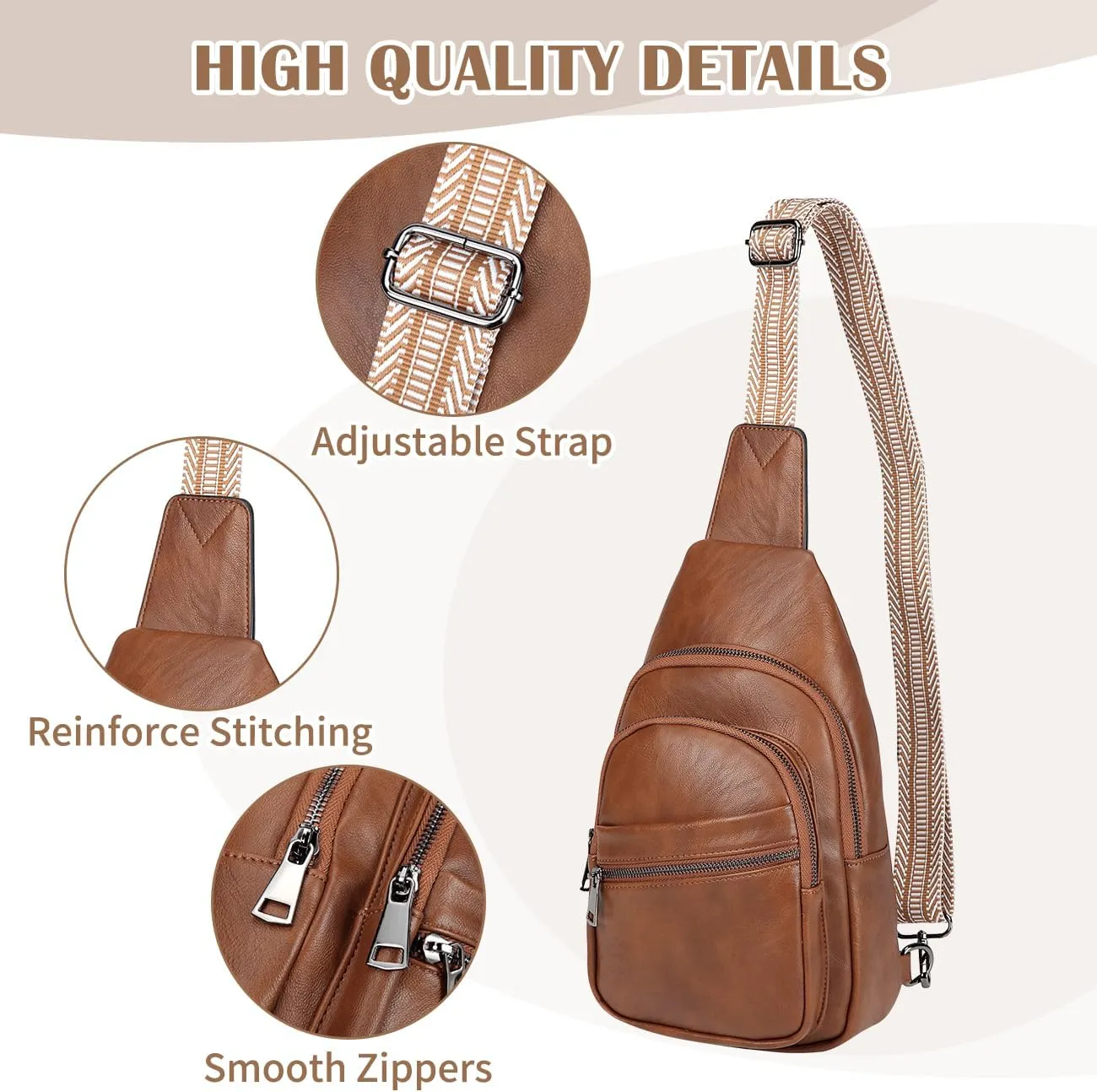 RAVUO Sling Bag for Women, Faux Leather Waist Pack Fashion Ladies Crossbody Chest Belt Bag with Adjustable Strap for Travel Brown
