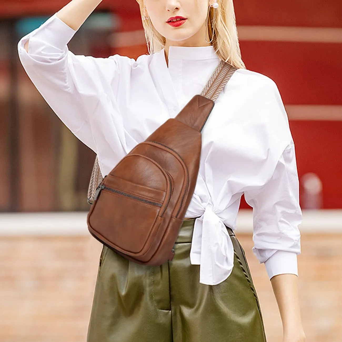 RAVUO Sling Bag for Women, Faux Leather Waist Pack Fashion Ladies Crossbody Chest Belt Bag with Adjustable Strap for Travel Brown