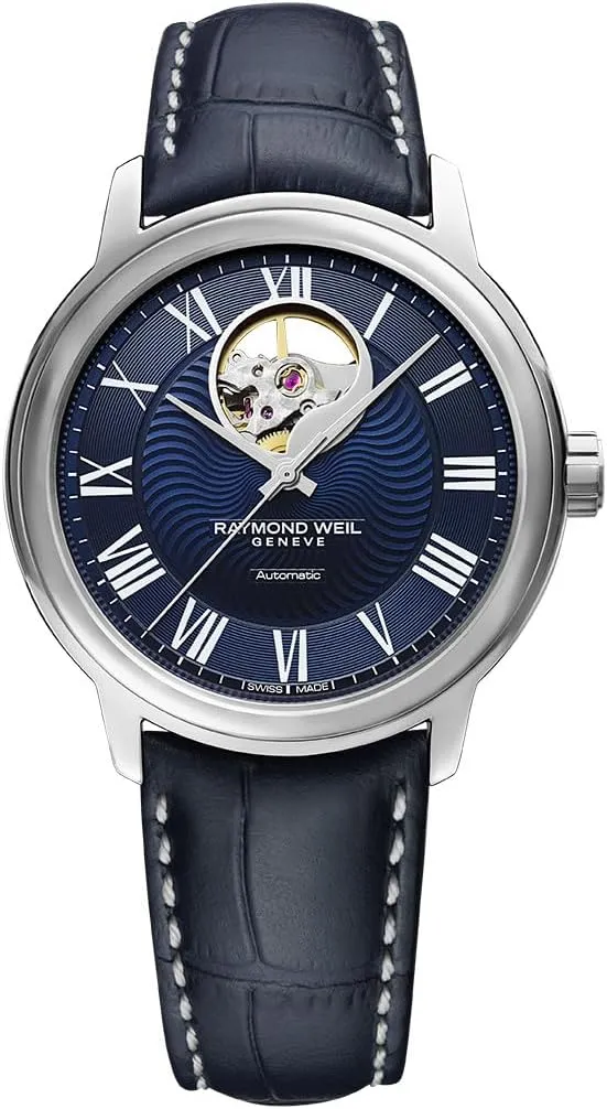 Raymond Weil Maestro Blues Men Visible Balance Wheel Automatic Watch, Blue Dial, Roman Numerals, Blue Leather Strap, 39.5 mm (Model: 2227-STC-00508)